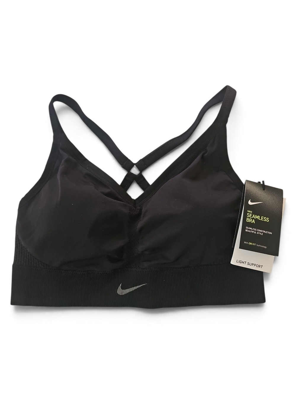 Nike Black Seamless Light-Support Sports Bra with Cross-Back Straps Sz L